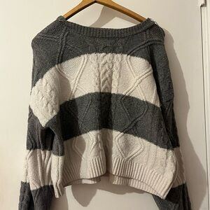 Cozy Gray and Cream Cable Knit Sweater
